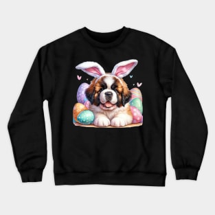 Puppy Saint Bernard Bunny Ears Easter Eggs Happy Easter Day Crewneck Sweatshirt